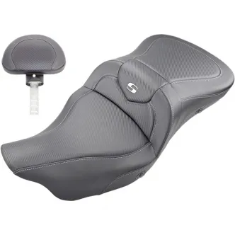 Saddlemen Heated Extended Reach Roadsofa CF 2-Up Seat With Driver's Backrest in Black For 2008-2023 FLHR, FLHT, FLHX & FLTR Models (808-07B-186BRHC)