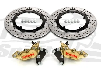 Free Spirits Bolt In Kit With 4 Piston Gold Calipers & Black Rotors 320mm For Harley Davidson 2007-2009 Touring, 2006-2017 Dyna & 2002-2010 V-Rod Models (203912GK)