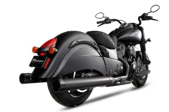 Rinehart DBX40 4 Inch Slip On Mufflers In Black With Black End Caps For Indian 2014-2024 Chieftain, Roadmaster, Challenger, Pursuit & Super Chief Models (500-0563)