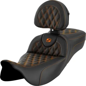 Saddlemen Extended Reach Roadsofa Seat With Drivers Backrest With Orange Stitching For Harley Davidson 2008-2024 FLHR, FLHT, FLHX & FLTR Touring Models (A808-07R-184ORA)