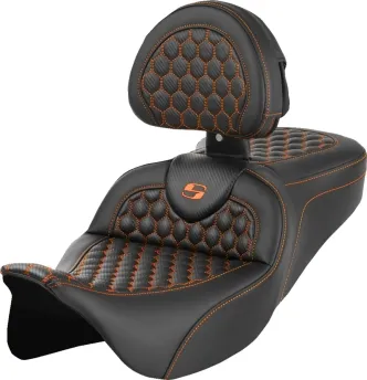 Saddlemen Carbon Fiber Honeycomb Roadsofa Seat With Drivers Backrest With Orange Stitching For Harley Davidson 2008-2023 FLHR, FLHT, FLHX & FLTR Touring Models (A808-07R-189ORA)