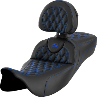 Saddlemen Extended Reach Roadsofa Seat With Drivers Backrest With Blue Stitching For Harley Davidson 2008-2024 FLHR, FLHT, FLHX & FLTR Touring Models (A808-07R-184BLU)