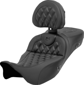 Saddlemen Heated Extended Reach Roadsofa Carbon Fiber Lattice Stitched Seat With Drivers Backrest For Harley Davidson 2008-2024 Touring Models (808-07CF-184RHC)