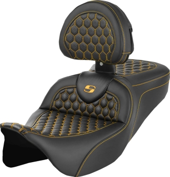 Saddlemen Carbon Fiber Honeycomb Roadsofa Seat With Drivers Backrest With Gold Stitching For Harley Davidson 2008-2023 Touring Models (A808-07R-189GOL)